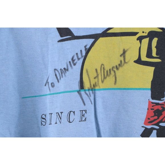 Vintage 90s Robert August Surfing Spell Out Autographed T-Shirt Blue - Picture 10 of 11